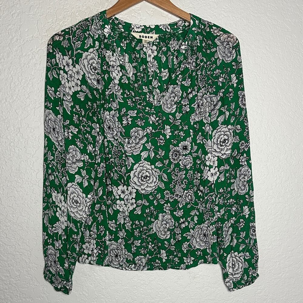 Boden Kelly Green Floral Blouse Sheer Long Sleeve Feminine Romantic Fall